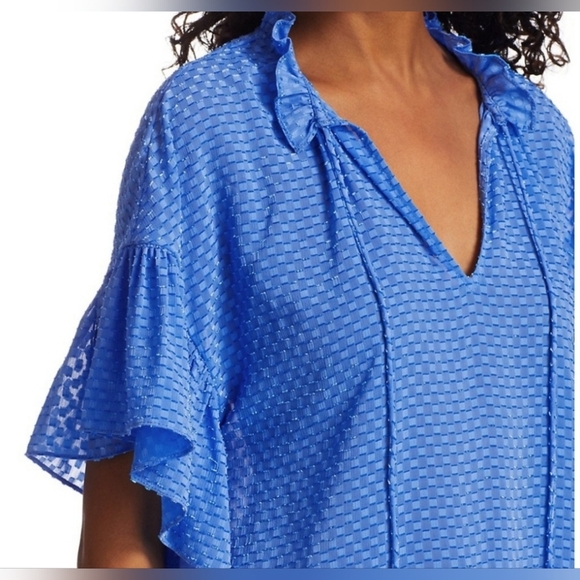 Alice + Olivia Julius Ruffle Peasant Blouse Blue Top Solid  Swiss Dot Ties  XS - Picture 4 of 17